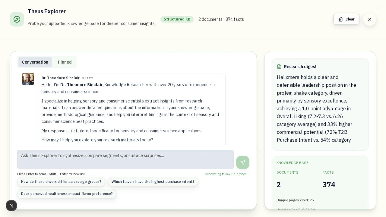 THEUS Knowledge Explorer interface showing Dr. Theodore Sinclair providing cross-study synthesis with traceable Fact ID citations and page-level source provenance