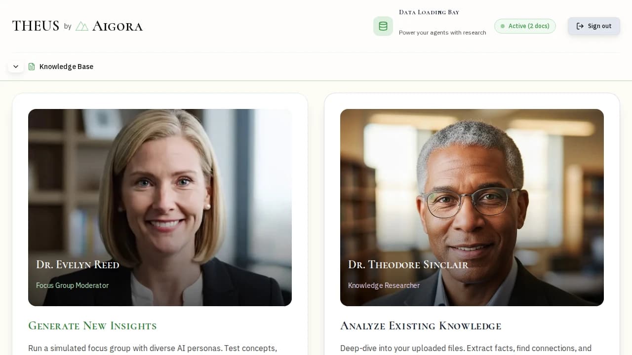 THEUS Research Hub interface showing two AI assistants: Dr. Evelyn Reed (Focus Group Simulator for data-grounded digital twins) and Dr. Theodore Sinclair (Knowledge Explorer for cross-study synthesis)