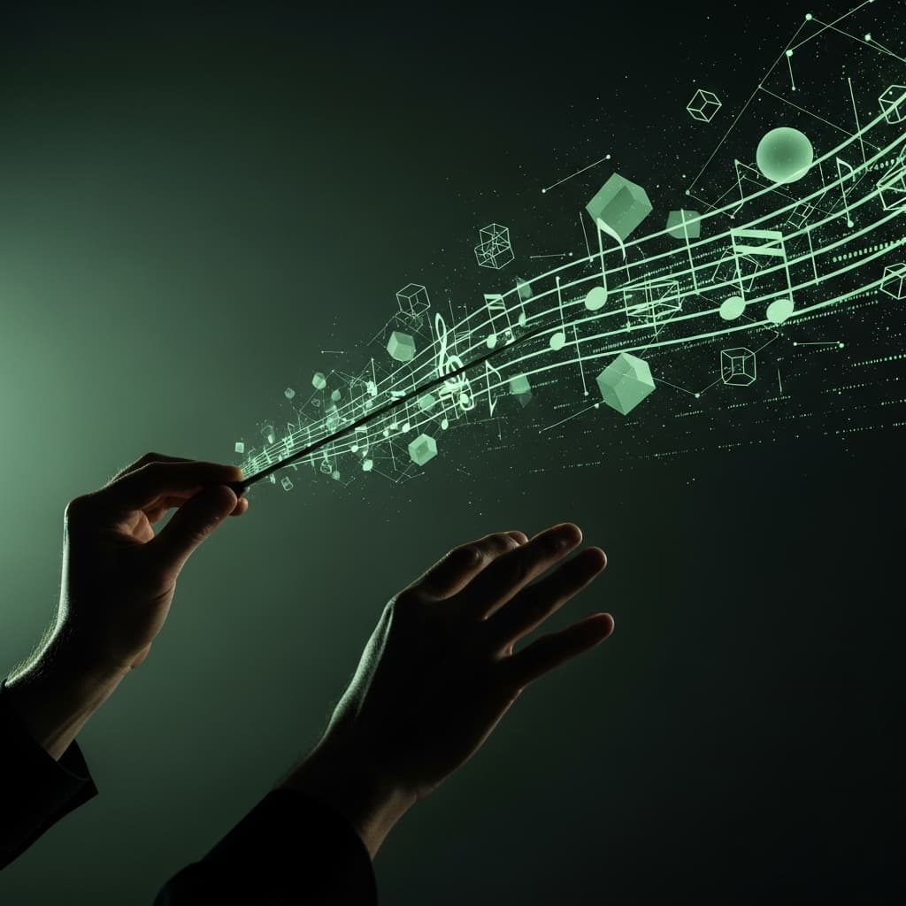 Conductor's hands orchestrating data streams