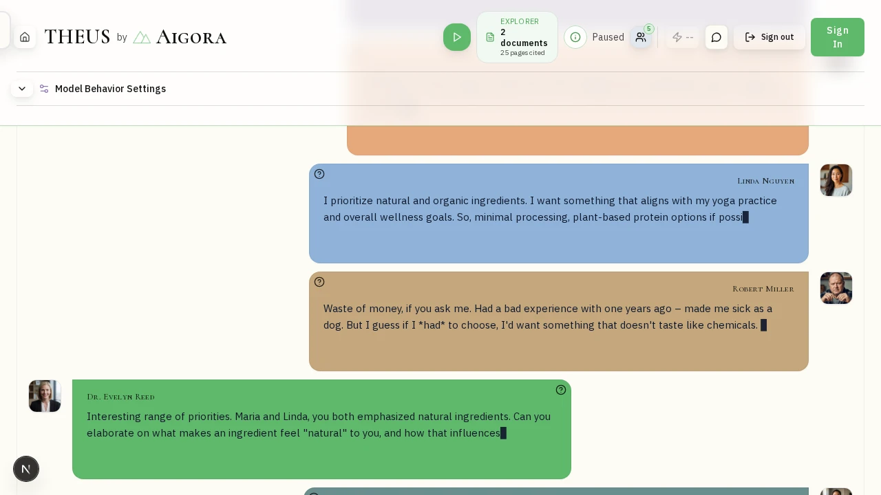 THEUS Focus Group Simulator transcript showing AI-generated panelists with cognitive diversity discussing product preferences in a simulated consumer research session