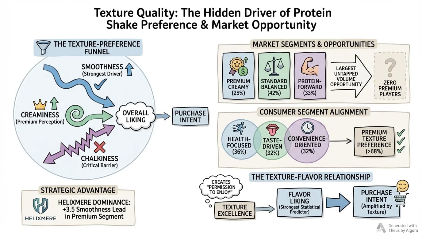 AI-generated whiteboard schematic by THEUS Dr. Sinclair showing texture drivers in protein shake consumer preferences — a presentation-ready visualization created from uploaded research data in approximately 20 seconds