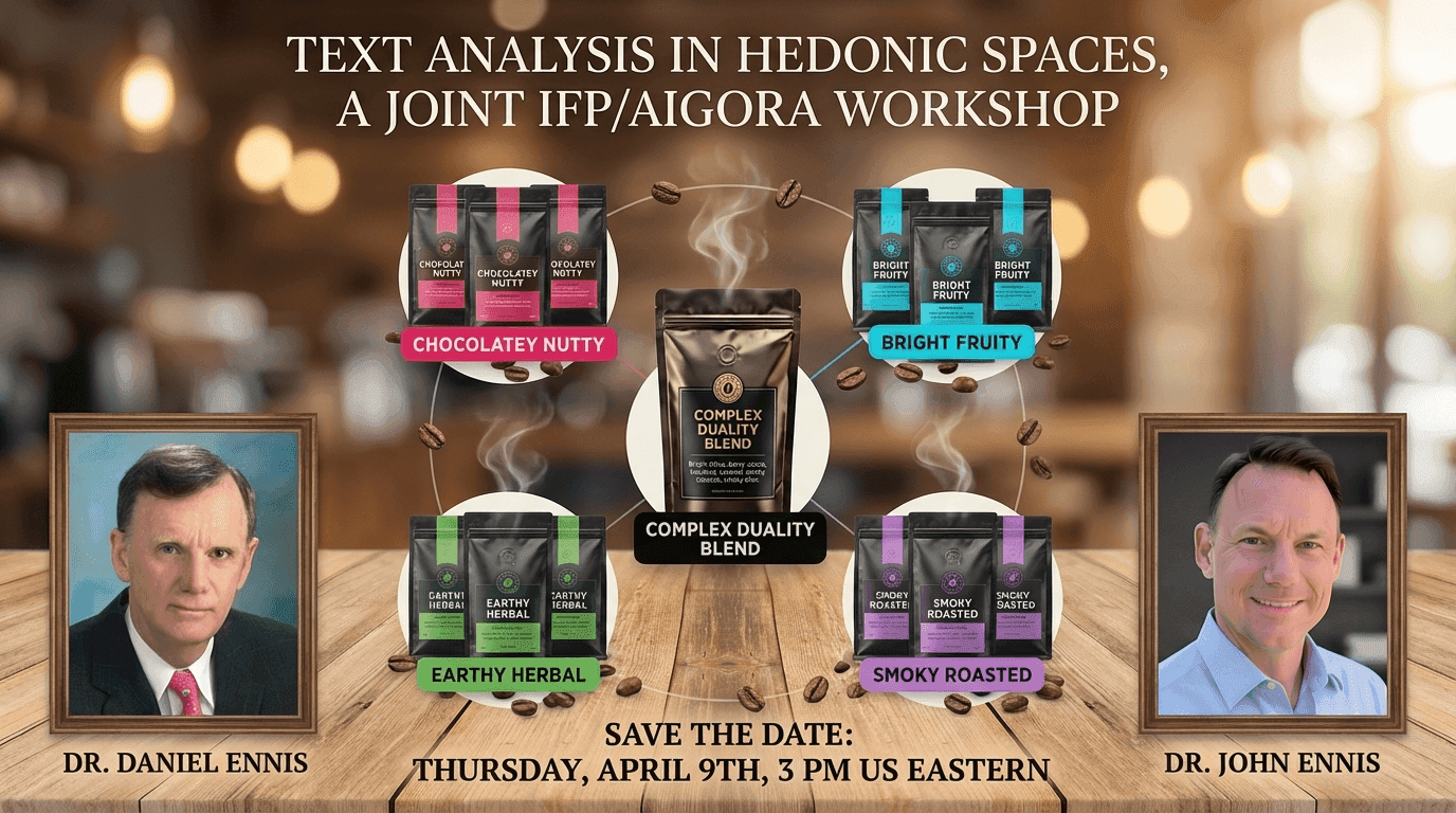 Text Analysis in Hedonic Spaces — A Joint IFP/Aigora Workshop. Featuring Dr. Daniel Ennis and Dr. John Ennis. Thursday, April 9th, 3 PM US Eastern.